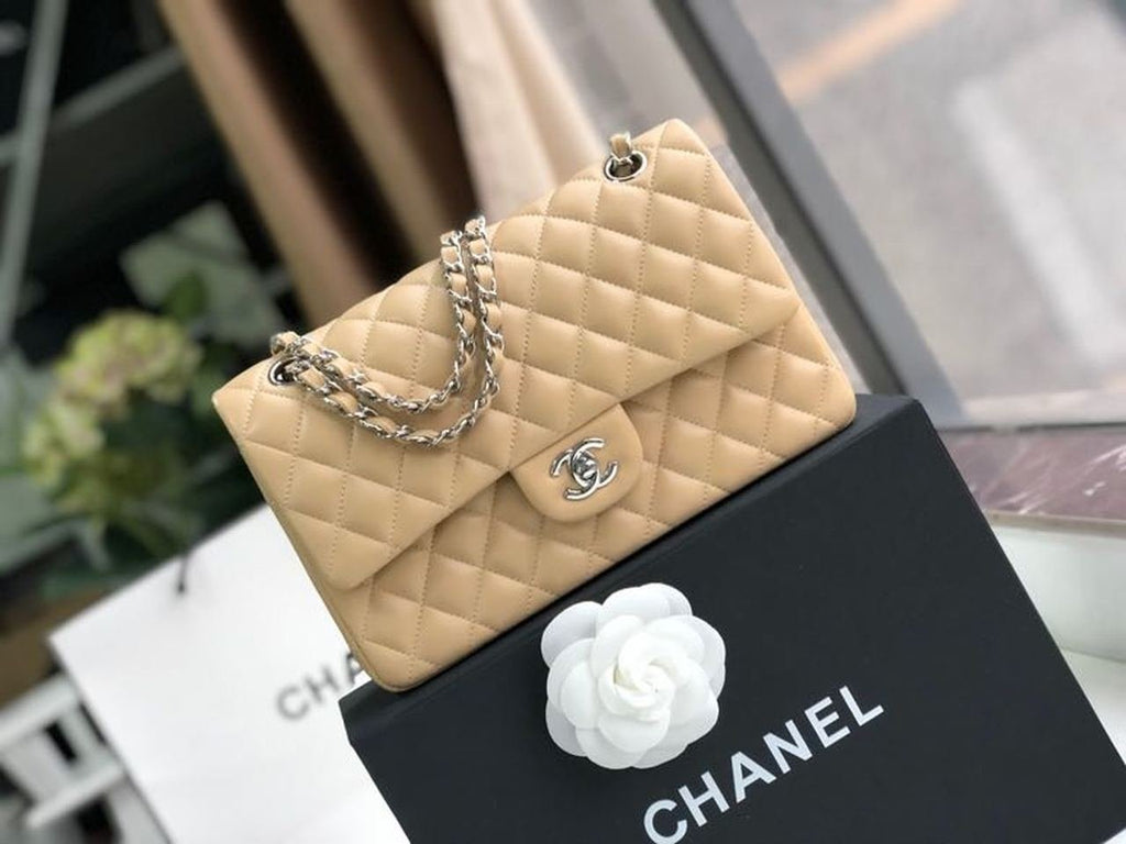Chanel Classic Flap Bag 30cm Silver Hardware Lambskin Leather Spring/Summer Collection Beige