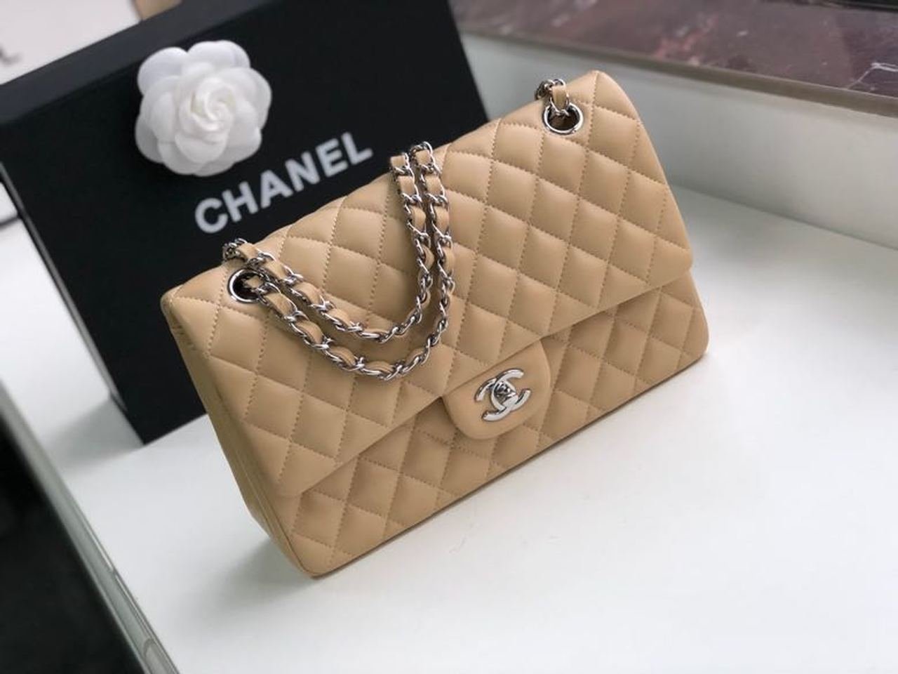 Chanel Classic Flap Bag 30cm Silver Hardware Lambskin Leather Spring/Summer Collection Beige