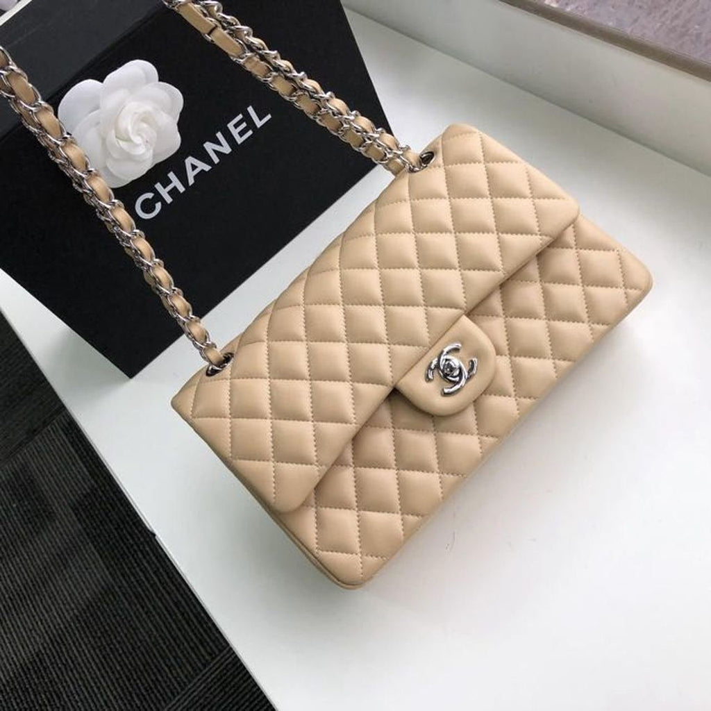 Chanel Classic Flap Bag 30cm Silver Hardware Lambskin Leather Spring/Summer Collection Beige