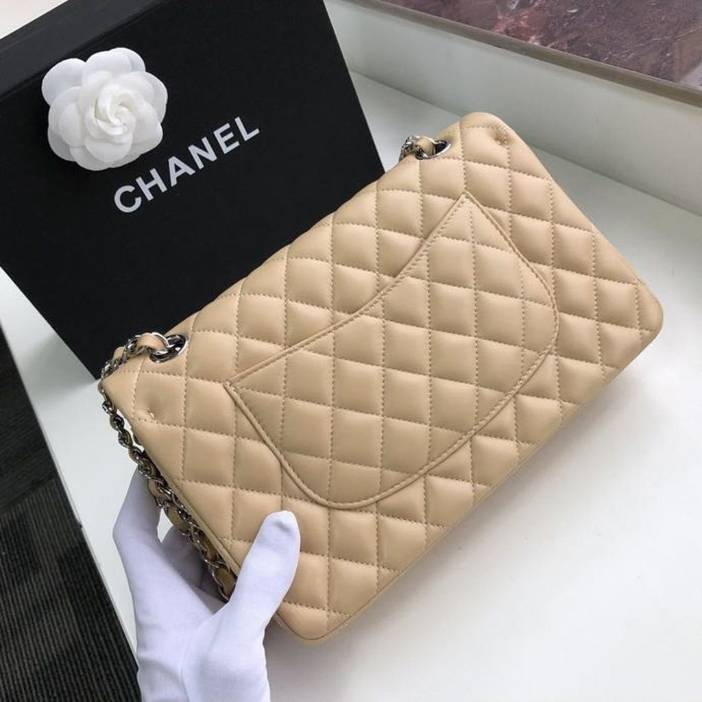 Chanel Classic Flap Bag 30cm Silver Hardware Lambskin Leather Spring/Summer Collection Beige