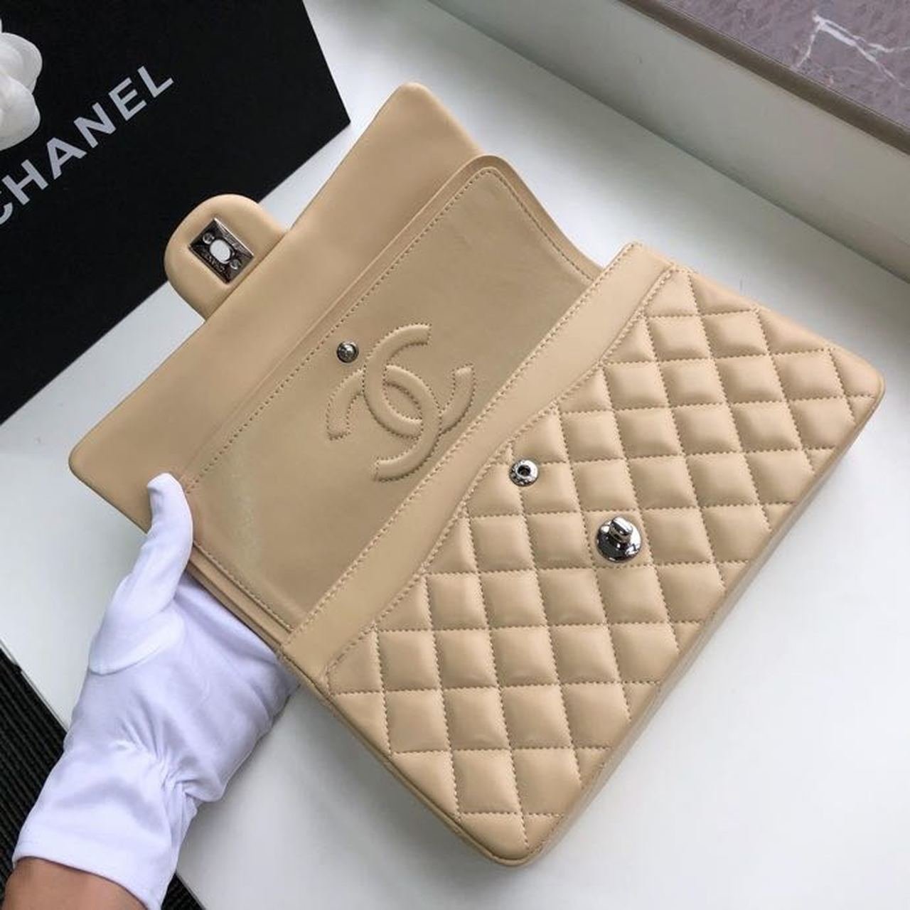 Chanel Classic Flap Bag 30cm Silver Hardware Lambskin Leather Spring/Summer Collection Beige