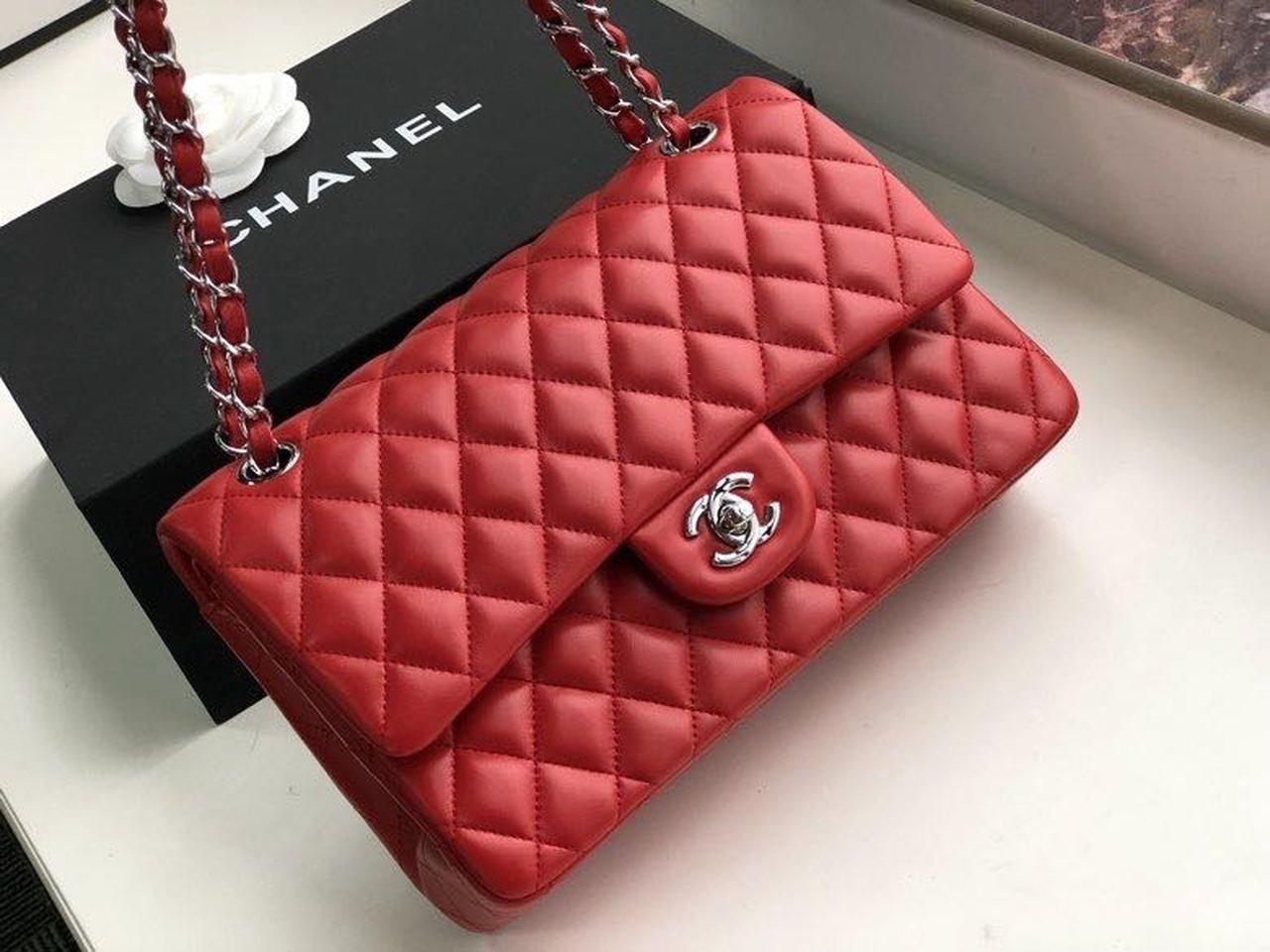Chanel Classic Flap Bag 25cm Silver Hardware Lambskin Leather Spring/Summer Collection Red