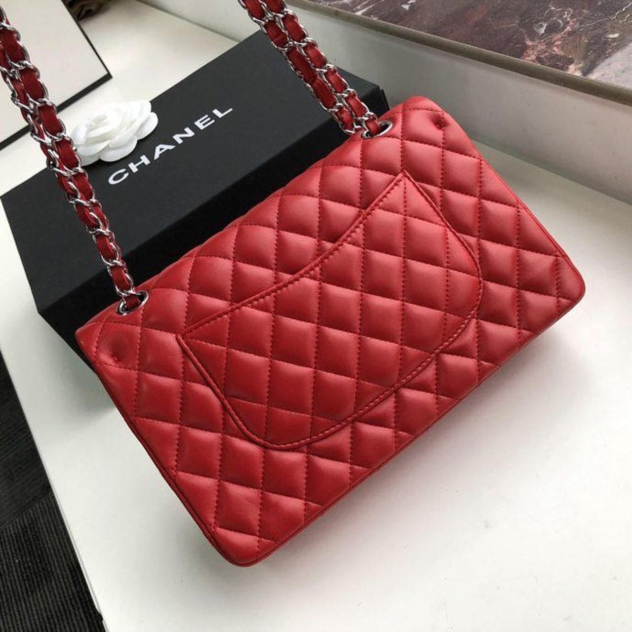 Chanel Classic Flap Bag 25cm Silver Hardware Lambskin Leather Spring/Summer Collection Red