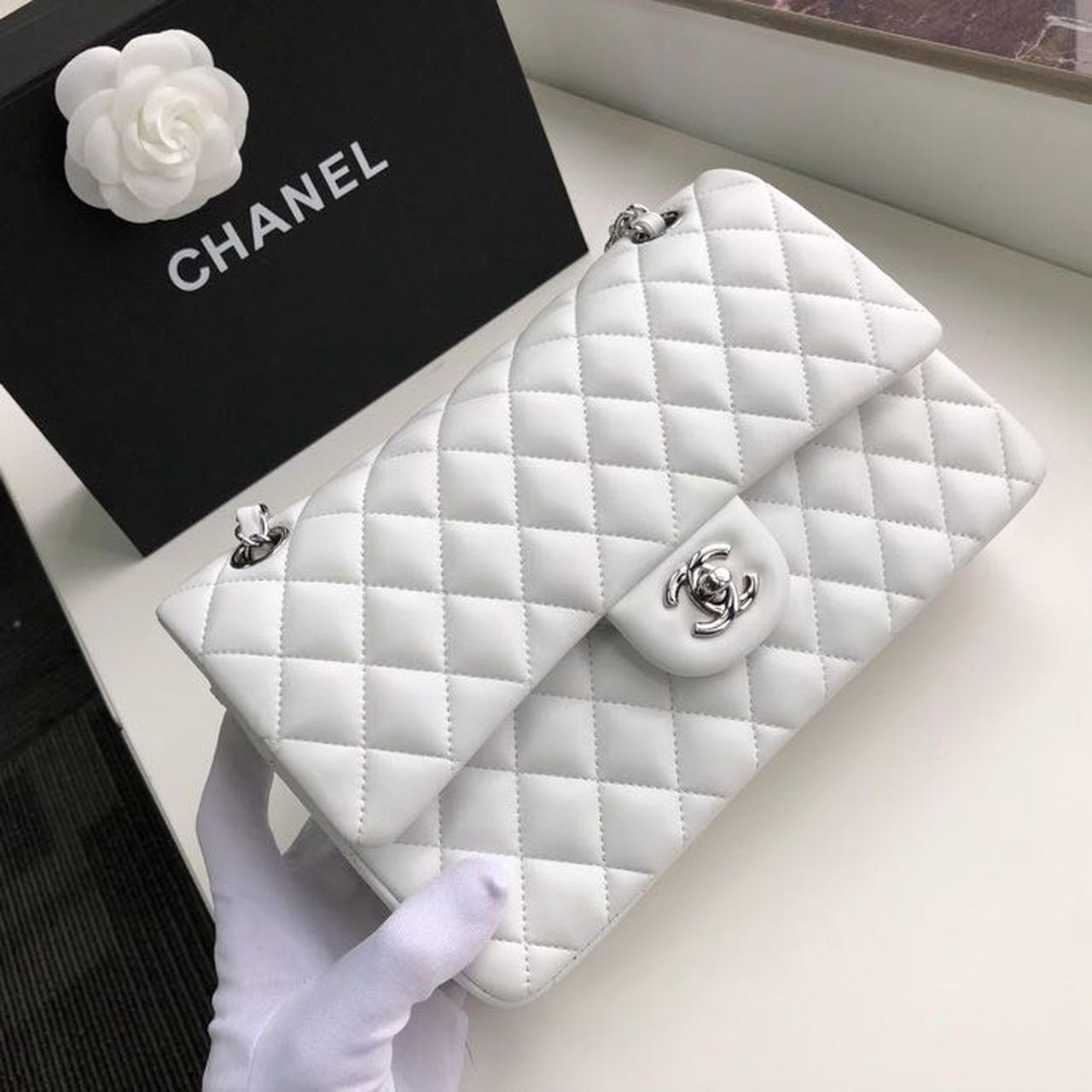Chanel Classic Flap Bag 25cm Silver Hardware Lambskin Leather Spring/Summer Collection White