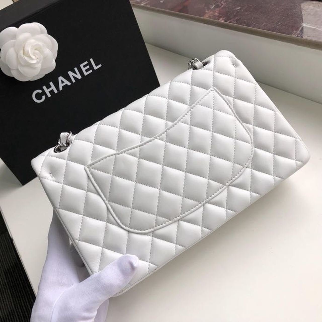 Chanel Classic Flap Bag 25cm Silver Hardware Lambskin Leather Spring/Summer Collection White