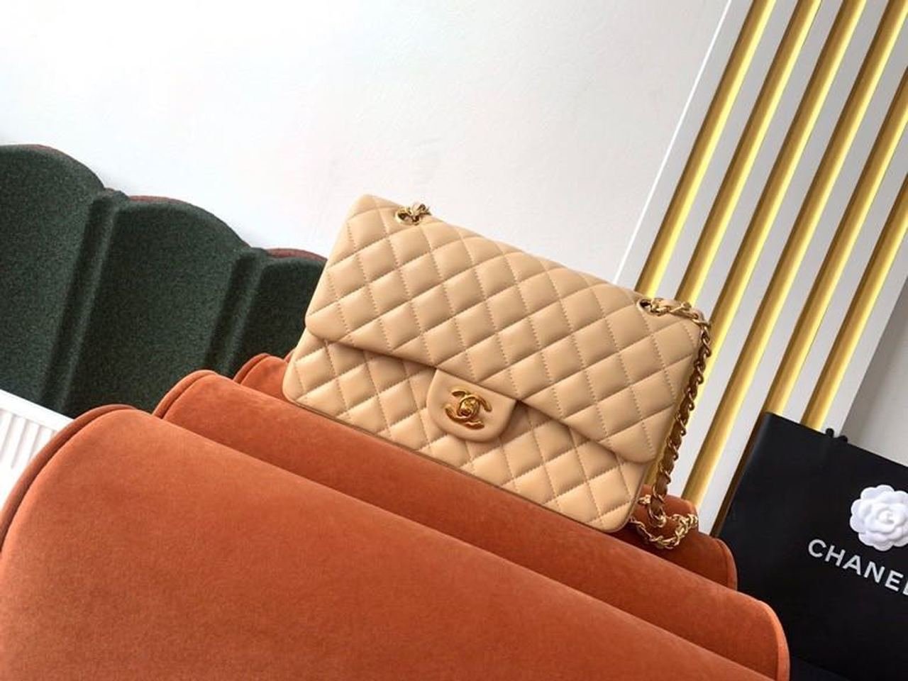 Chanel Classic Flap Bag 25cm Silver Hardware Lambskin Leather Spring/Summer Collection Beige