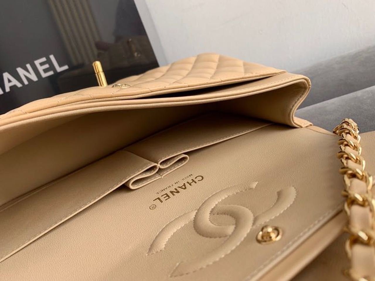 Chanel Classic Flap Bag 25cm Silver Hardware Lambskin Leather Spring/Summer Collection Beige