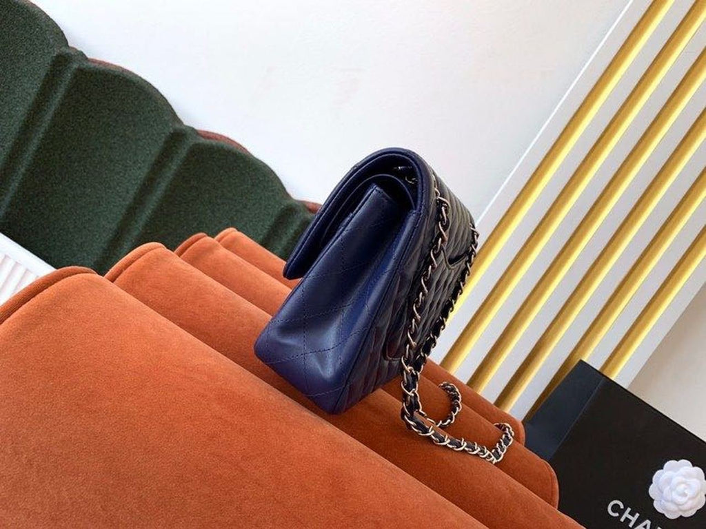 Chanel Classic Flap Bag Silver Hardware Lambskin Leather Spring/Summer Collection Navy Blue