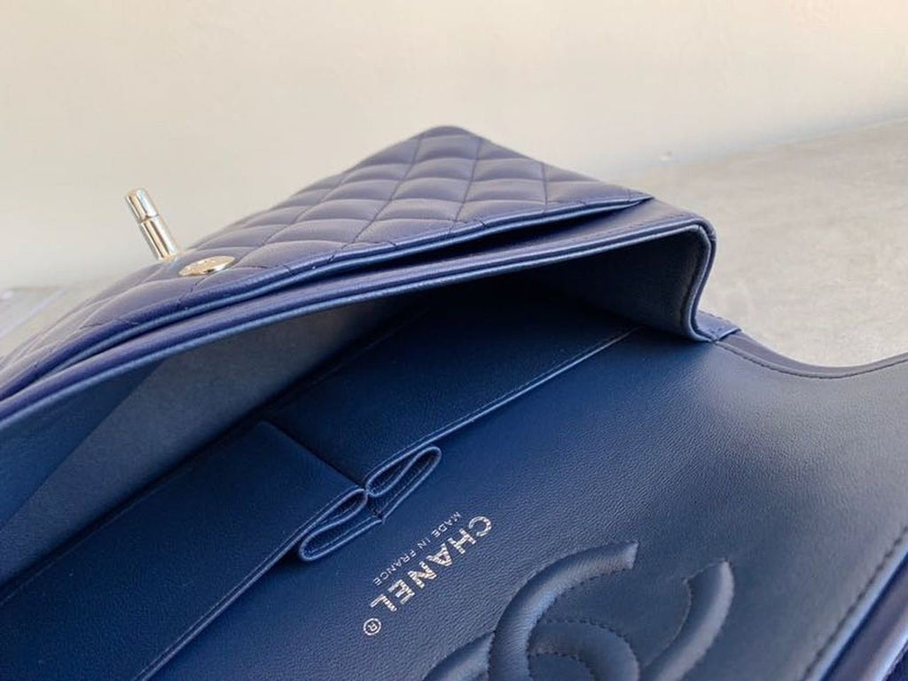 Chanel Classic Flap Bag Silver Hardware Lambskin Leather Spring/Summer Collection Navy Blue