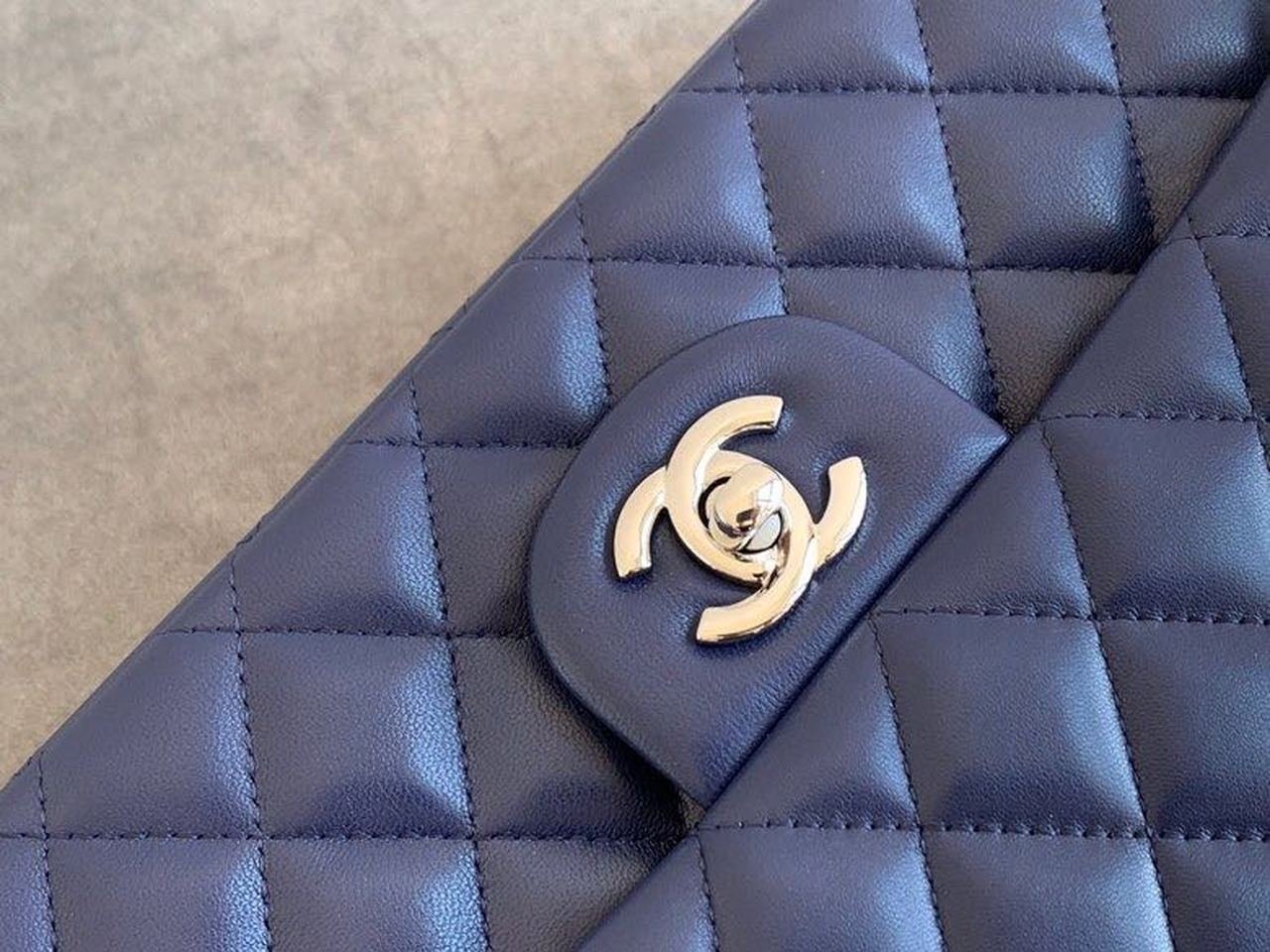 Chanel Classic Flap Bag Silver Hardware Lambskin Leather Spring/Summer Collection Navy Blue
