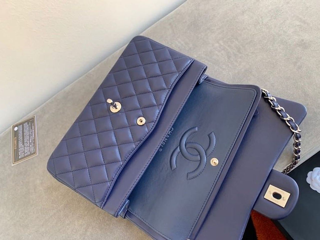 Chanel Classic Flap Bag Silver Hardware Lambskin Leather Spring/Summer Collection Navy Blue