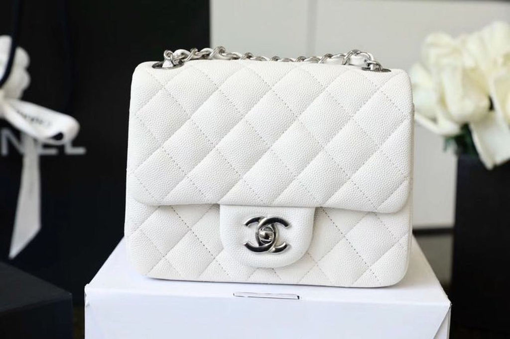 Chanel Classic Mini Flap Bag 17cm Silver Hardware Caviar Leather Spring/Summer Collection White