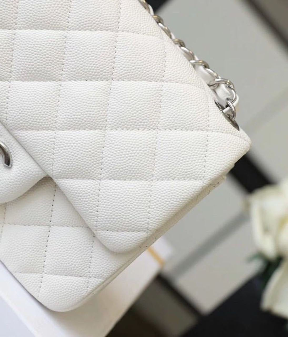 Chanel Classic Mini Flap Bag 17cm Silver Hardware Caviar Leather Spring/Summer Collection White