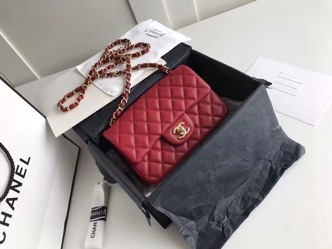Chanel Classic Flap With Charm Chain With CC Details On Strap Bag Gold Hardware Lambskin Leather Spring/Summer Collection Red