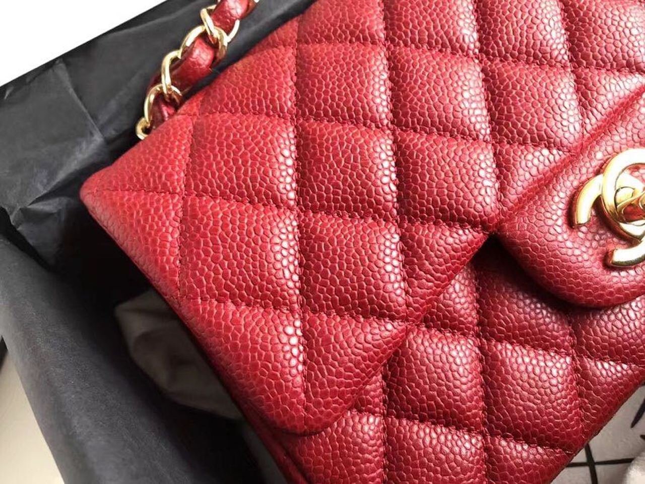 Chanel Classic Flap With Charm Chain With CC Details On Strap Bag Gold Hardware Lambskin Leather Spring/Summer Collection Red