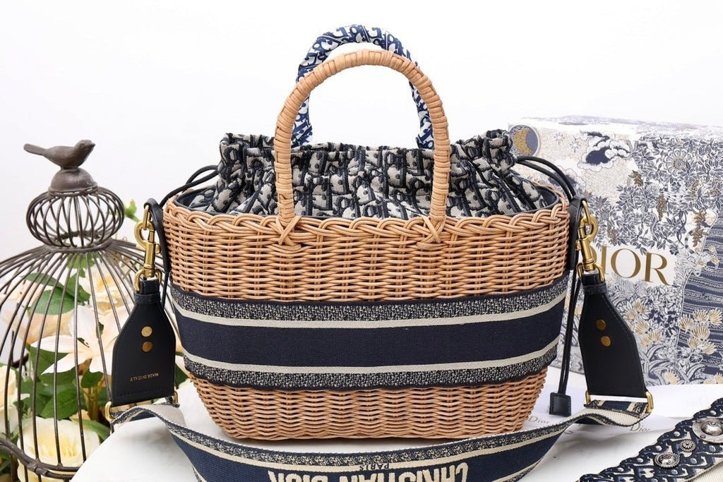 Christian Dior Blue Wicker Bucket Bag 28cm