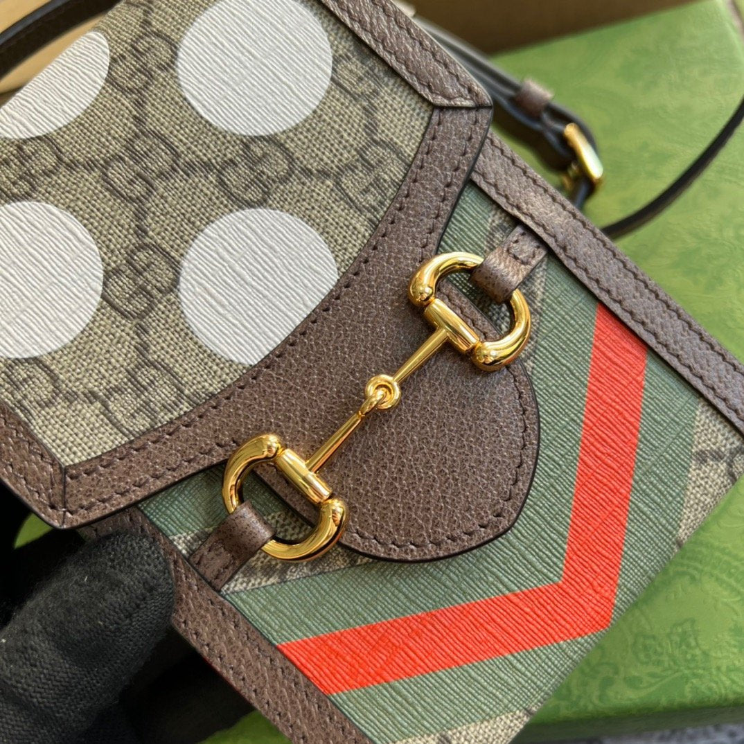 Gucci Horsebit 1955 Mini Bag Beige And Ebony GG Supreme Canvas With Geometric Print For Women 6.7in/17cm
