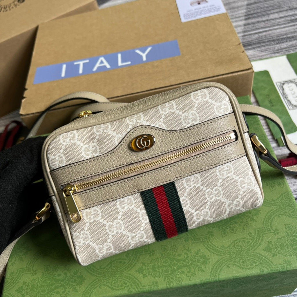 Gucci Ophidia Mini GG Bag Beige And Ebony GG Supreme Canvas, With Beige For Women 7in/17.5cm
