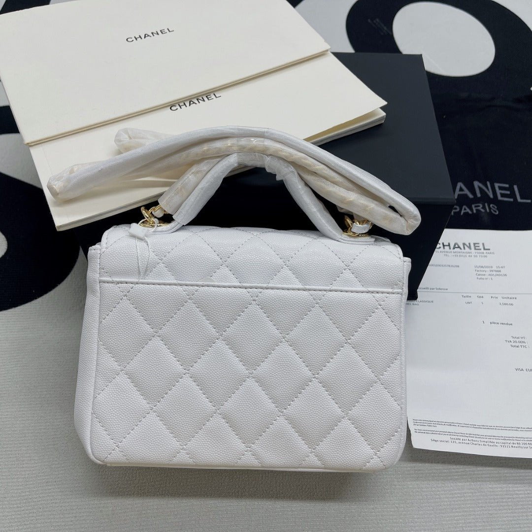 Chanel Flap Bag Top Handle With Gold Toned Hardware Chain 19cm White