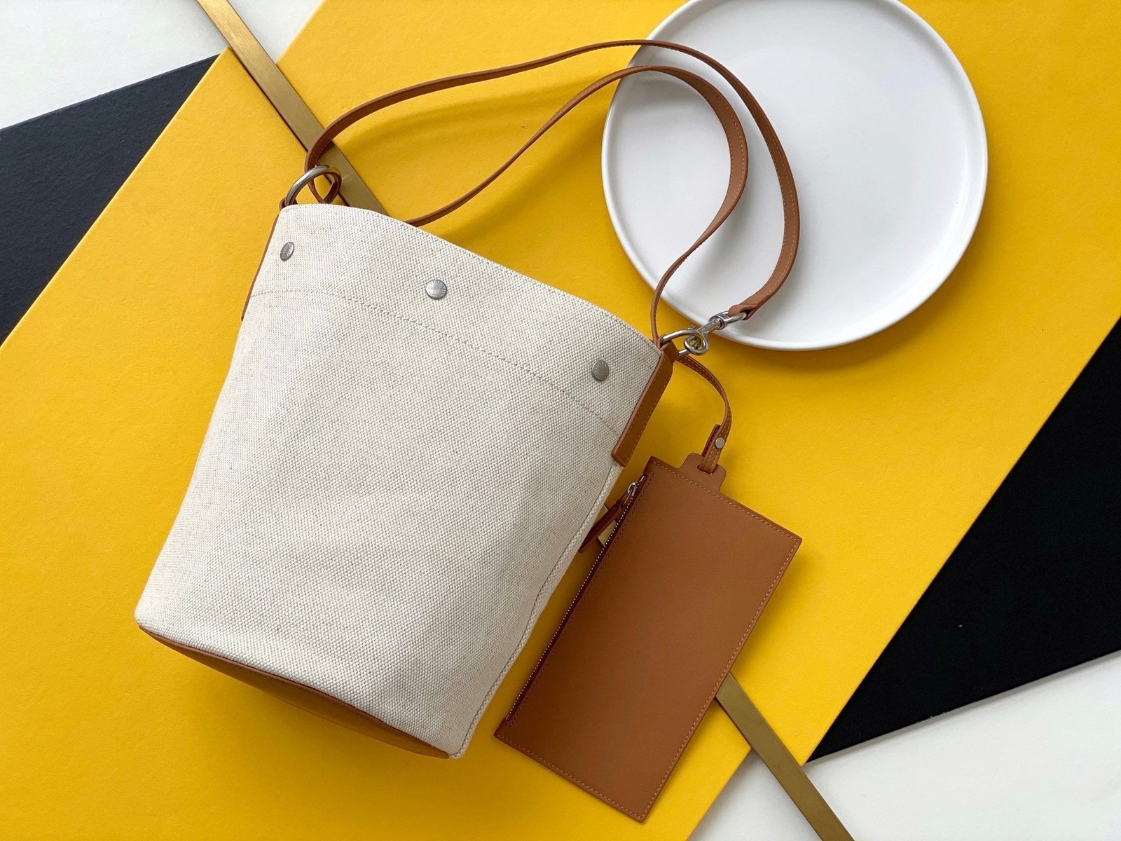 Saint Laurent Rive Gauche Bucket Bag With Brown Strap 20cm