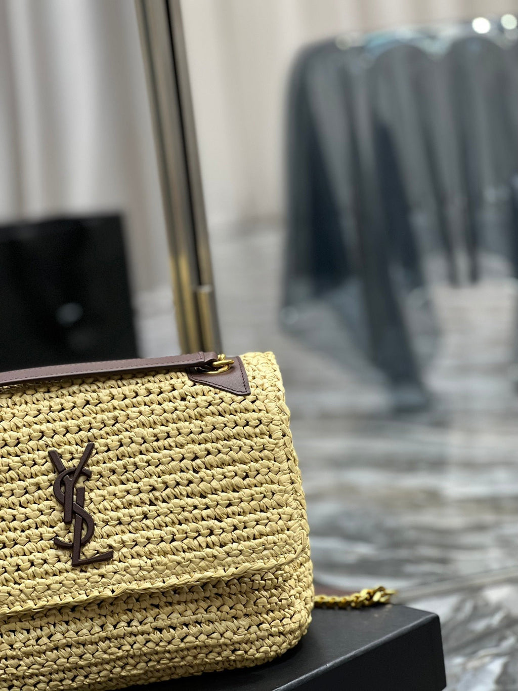 Saint Laurent Niki Medium Chain Bag In Rafia For Women 28cm Brown YSL 633187GG66W7069