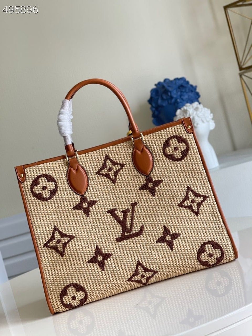 Louis Vuitton OnTheGo MM Bag 35cm Raffia/Cowhide Leather Spring/Summer Collection M57707 Tan