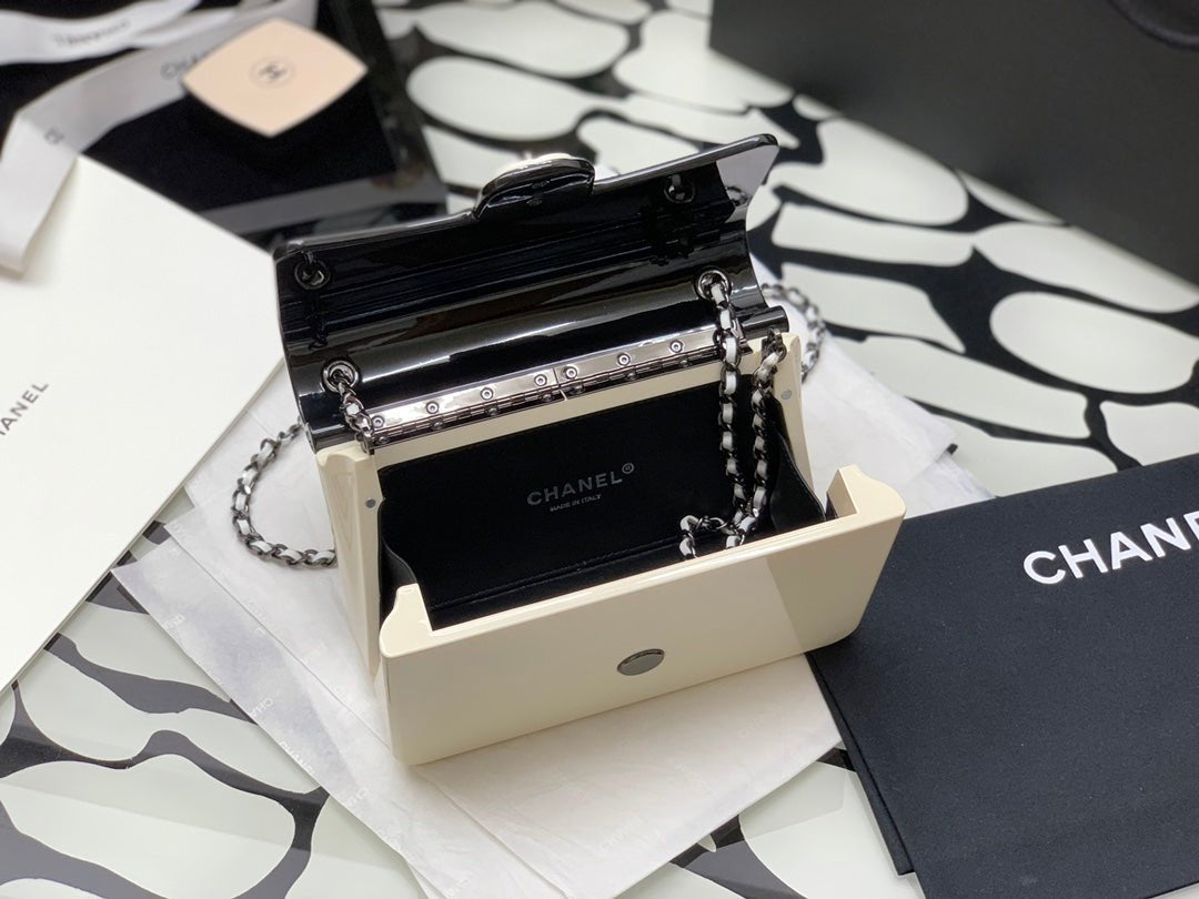 Chanel Black Ivory Hard Evening Plastic Small Evening Shoulder Flap Bag 18cm