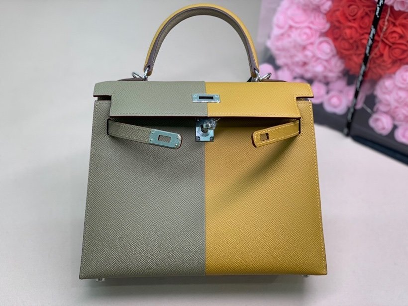 Hermes Kelly 28 Sellier Epsom Bag Grey/Yellow For Women, Women’s Handbags, Shoulder Bags 11in/28cm