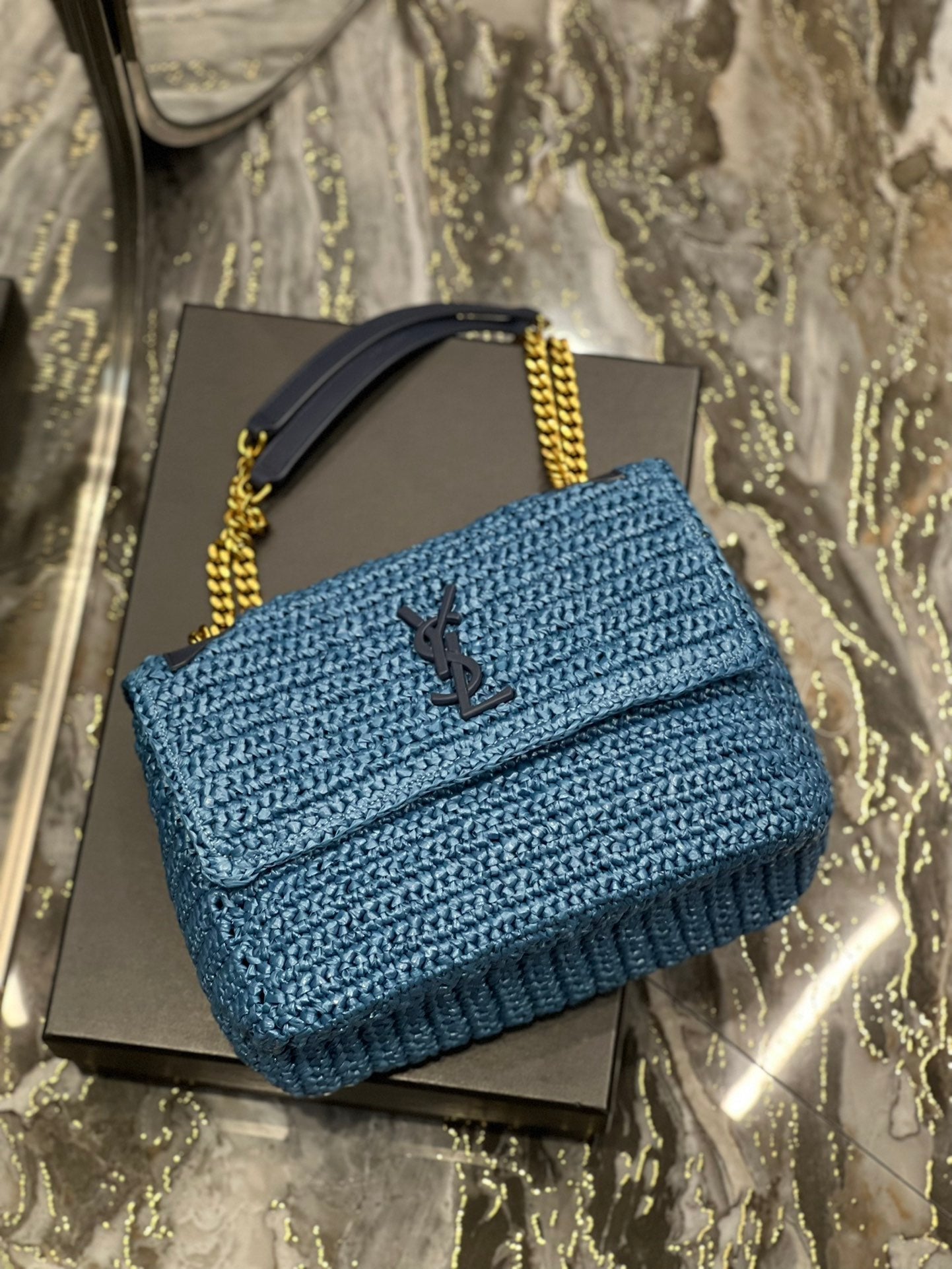 Saint Laurent Niki Medium Chain Bag In Rafia For Women 28cm Blue YSL 633187GG66W4246