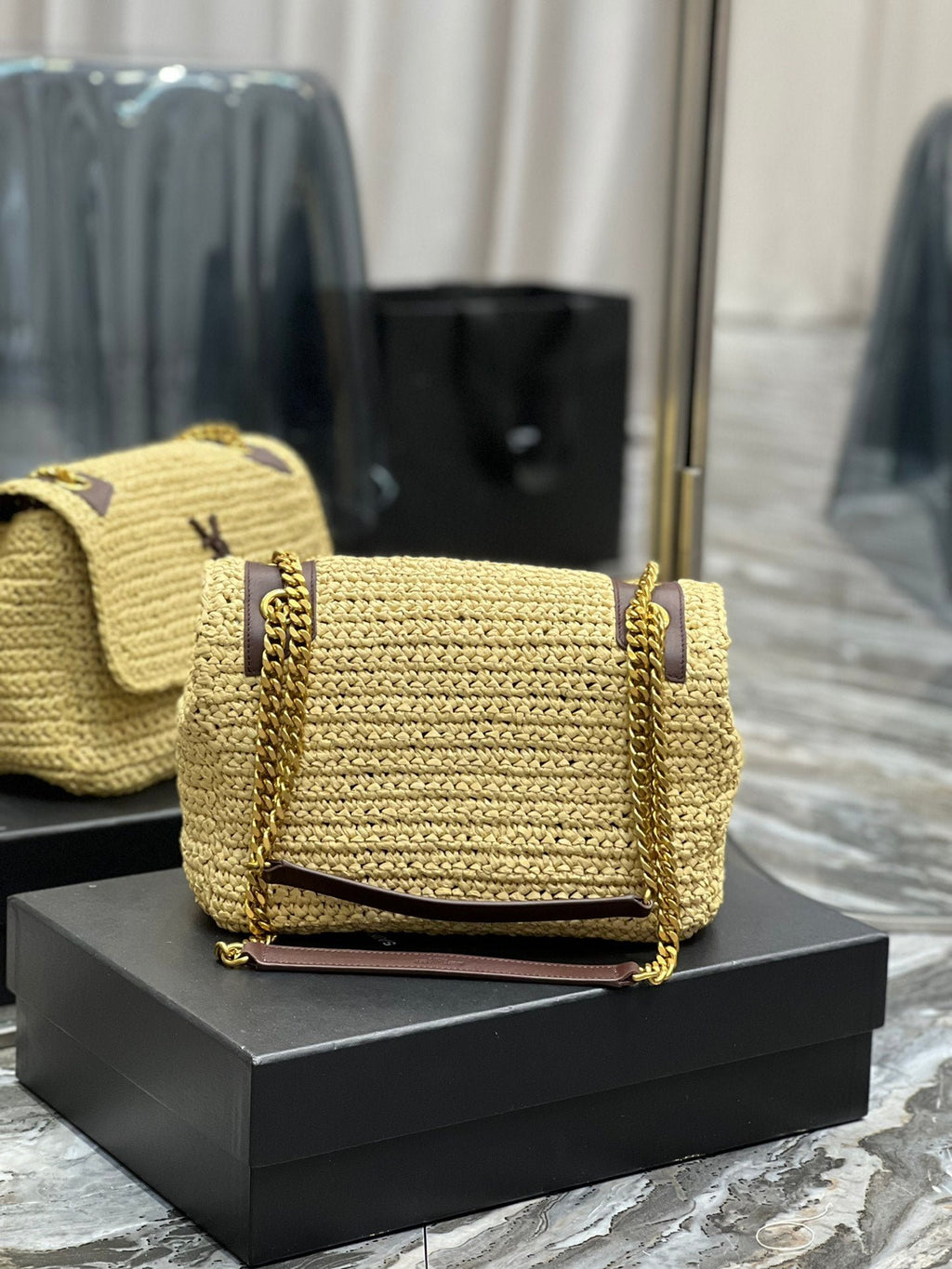 Saint Laurent Niki Medium Chain Bag In Rafia For Women 28cm Brown YSL 633187GG66W7069