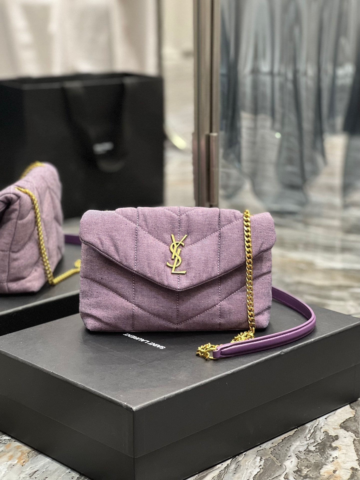Saint Laurent Puffer Small Chain Bag In Denim 23cm