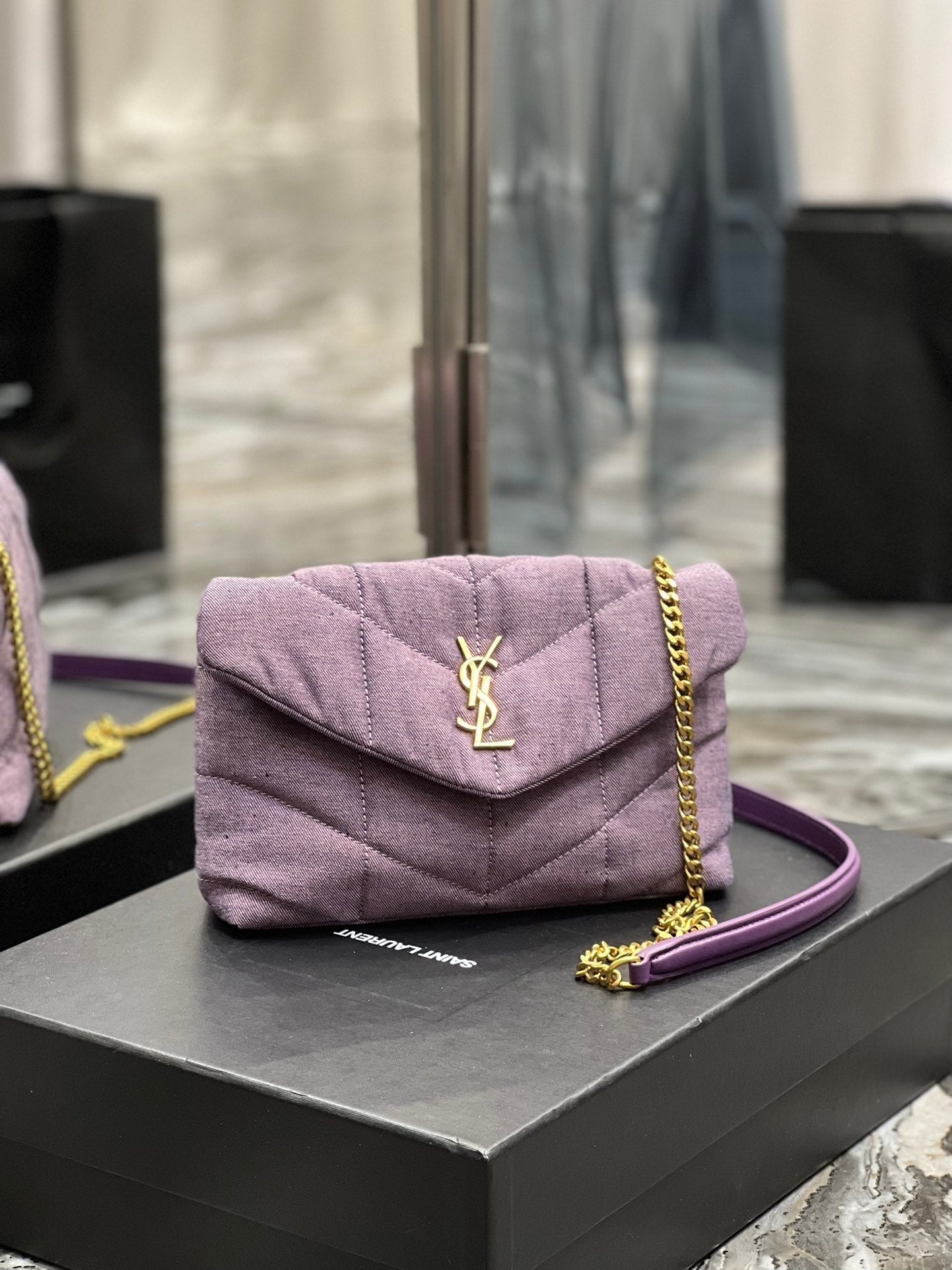 Saint Laurent Puffer Small Chain Bag In Denim 23cm