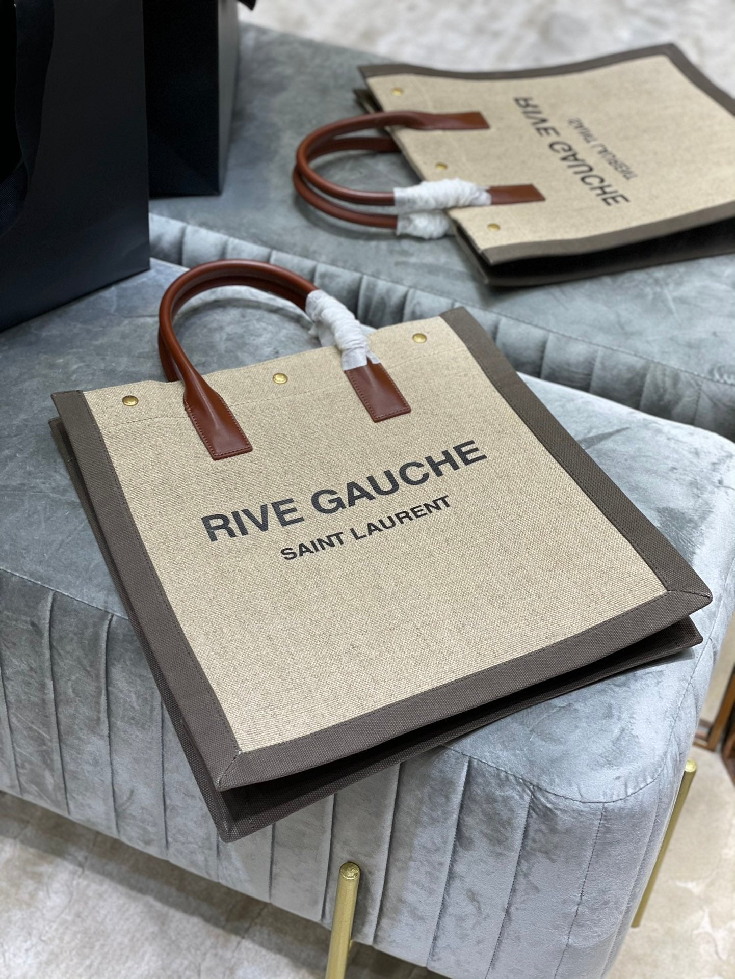 Saint Laurent Rive Gauche North/South Tote Bag In Printed Linen For Women 39cm YSL 632539FAABR9083