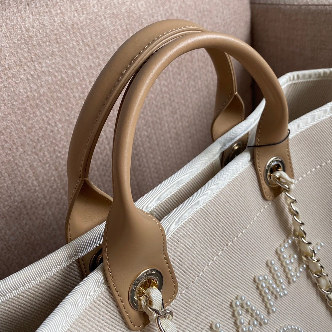 Chanel Deauville Tote 40cm Tweed Bag with Pearl Embroidery Spring/Summer Collection White