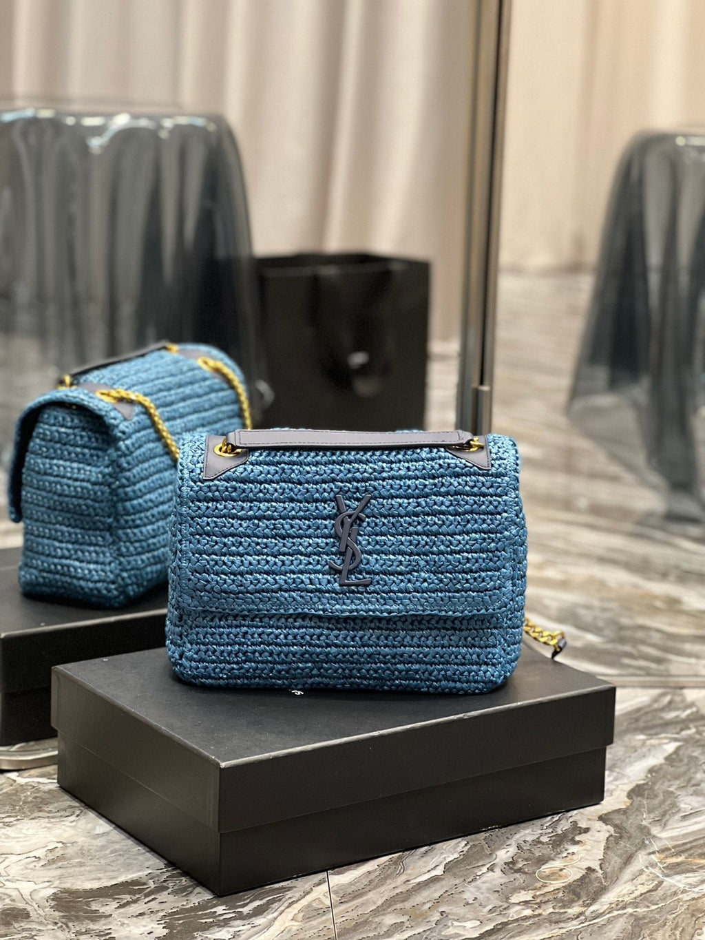 Saint Laurent Niki Medium Chain Bag In Rafia For Women 28cm Blue YSL 633187GG66W4246