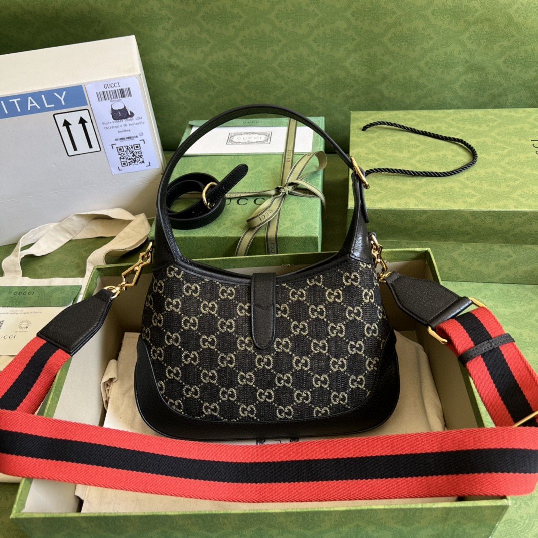 Gucci Jackie 1961 Small Shoulder Bag Black And Ivory GG Denim Jacquard For Women 11in/28cm