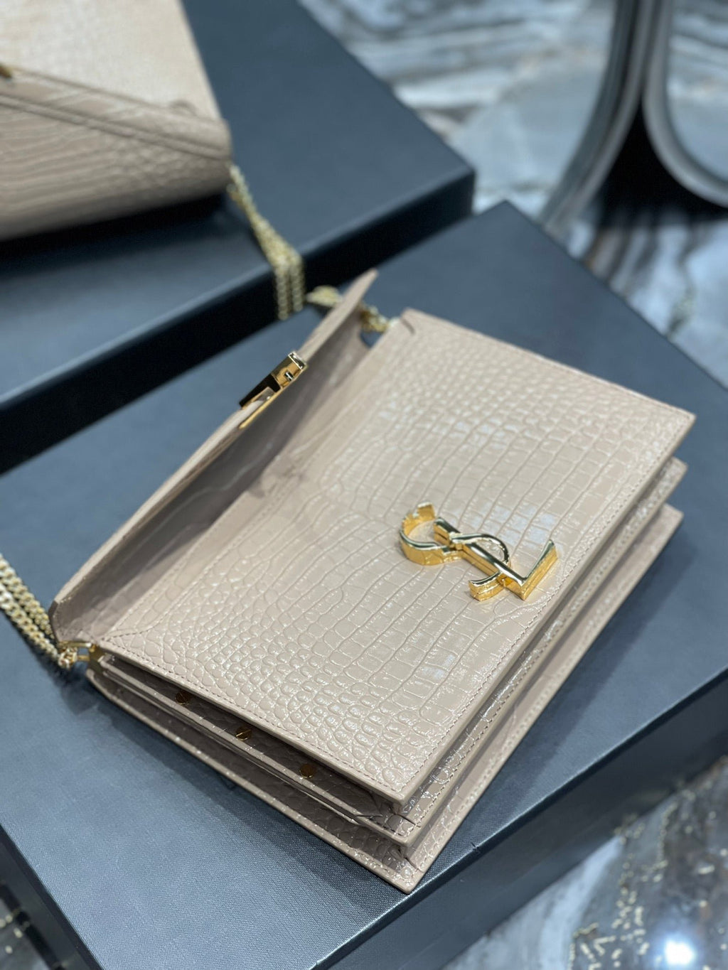Saint Laurent Cassandra Medium Chain Bag In Grain De Poudre Embossed 22cm Beige