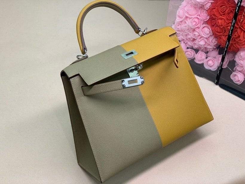 Hermes Kelly 28 Sellier Epsom Bag Grey/Yellow For Women, Women’s Handbags, Shoulder Bags 11in/28cm