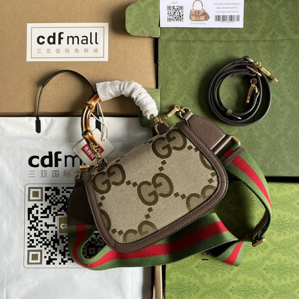 Gucci Bamboo 1947 Jumbo GG Small Top Handle Bag Camel And Ebony Jumbo GG Canvas Brown For Women 8.3in/21cm