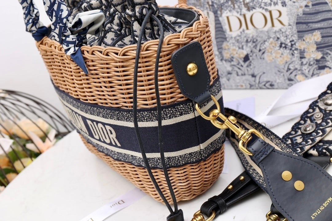 Christian Dior Blue Wicker Bucket Bag 28cm