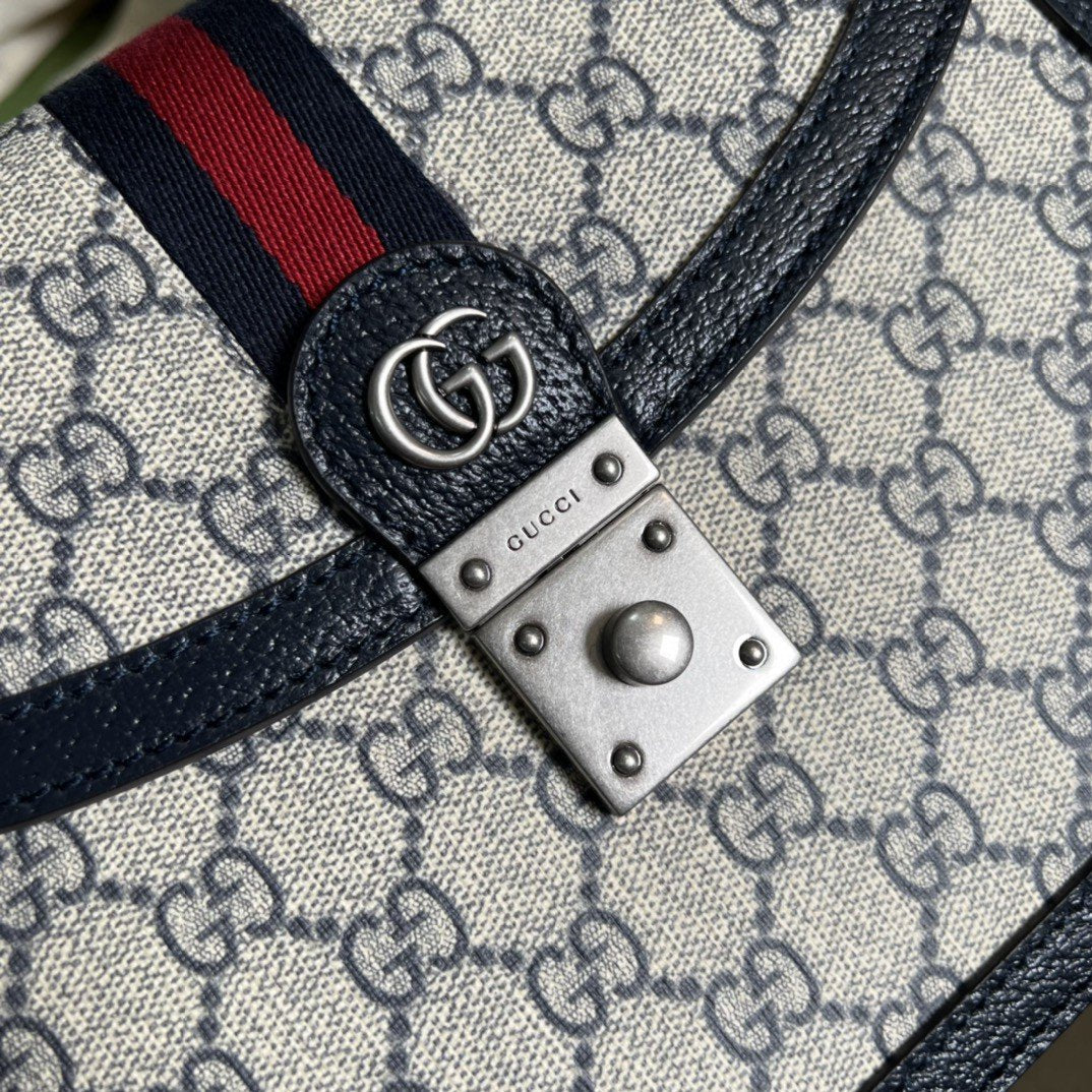 Gucci Ophidia Small Top Handle Bag Beige And Blue GG Supreme Canvas For Women 10in/25cm