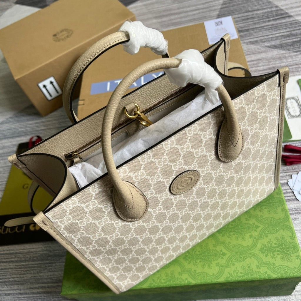 Gucci Small Tote Bag With Interlocking G Beige For Women, Women’s Bags 12.2in/31cm