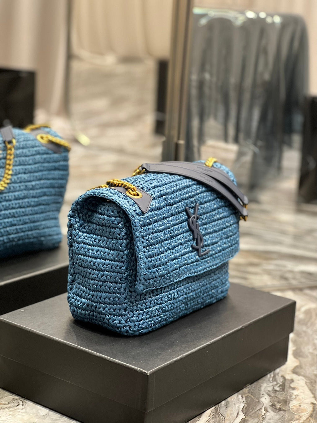 Saint Laurent Niki Medium Chain Bag In Rafia For Women 28cm Blue YSL 633187GG66W4246