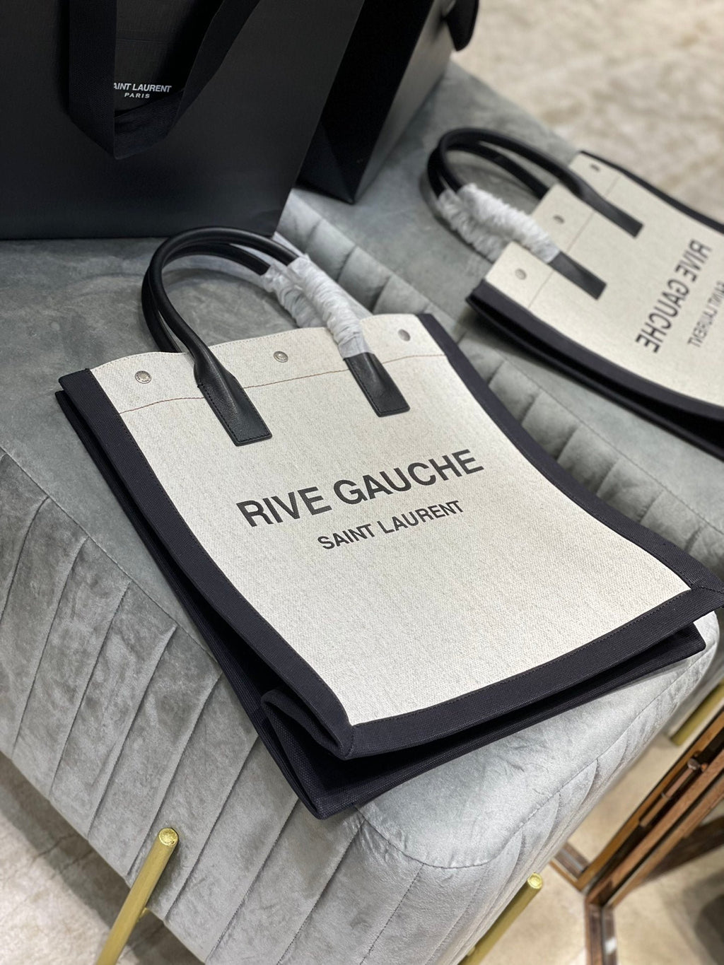 Saint Laurent Rive Gauche North/South Tote Bag In Printed Linen For Women 39cm YSL 632539FAABR9083