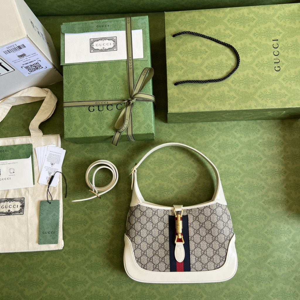 Gucci Jackie 1961 Small Shoulder Bag Beige And Ebony GG Supreme Canvas For Women 11in/28cm