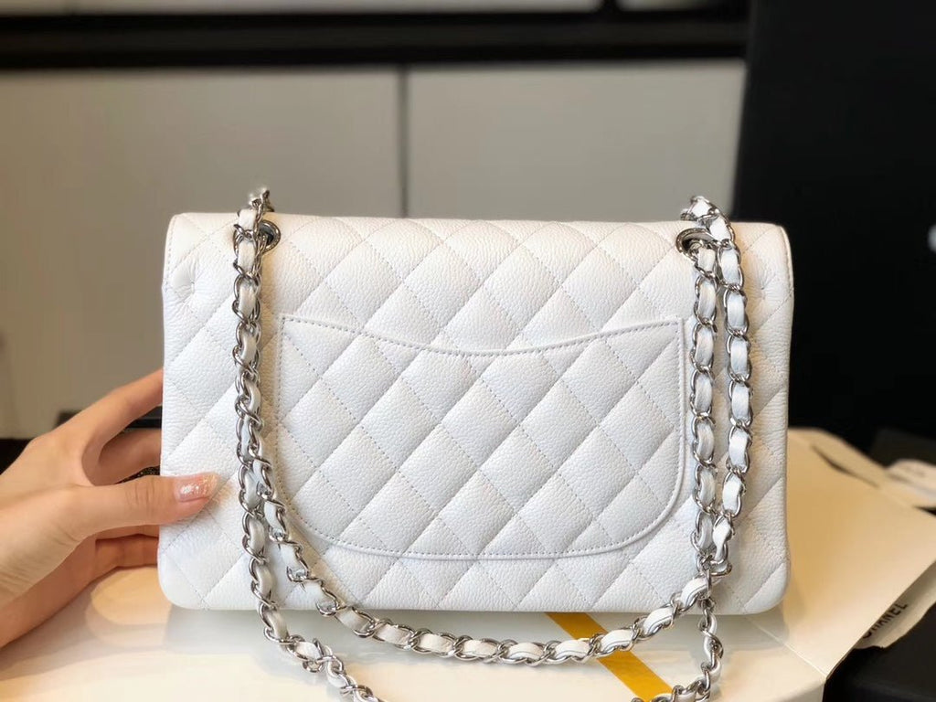 Chanel Classic Medium Flapbag Silver Hardware 26cm White