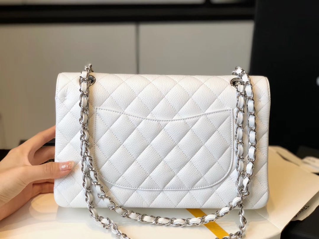 Chanel Classic Medium Flapbag Silver Hardware 26cm White