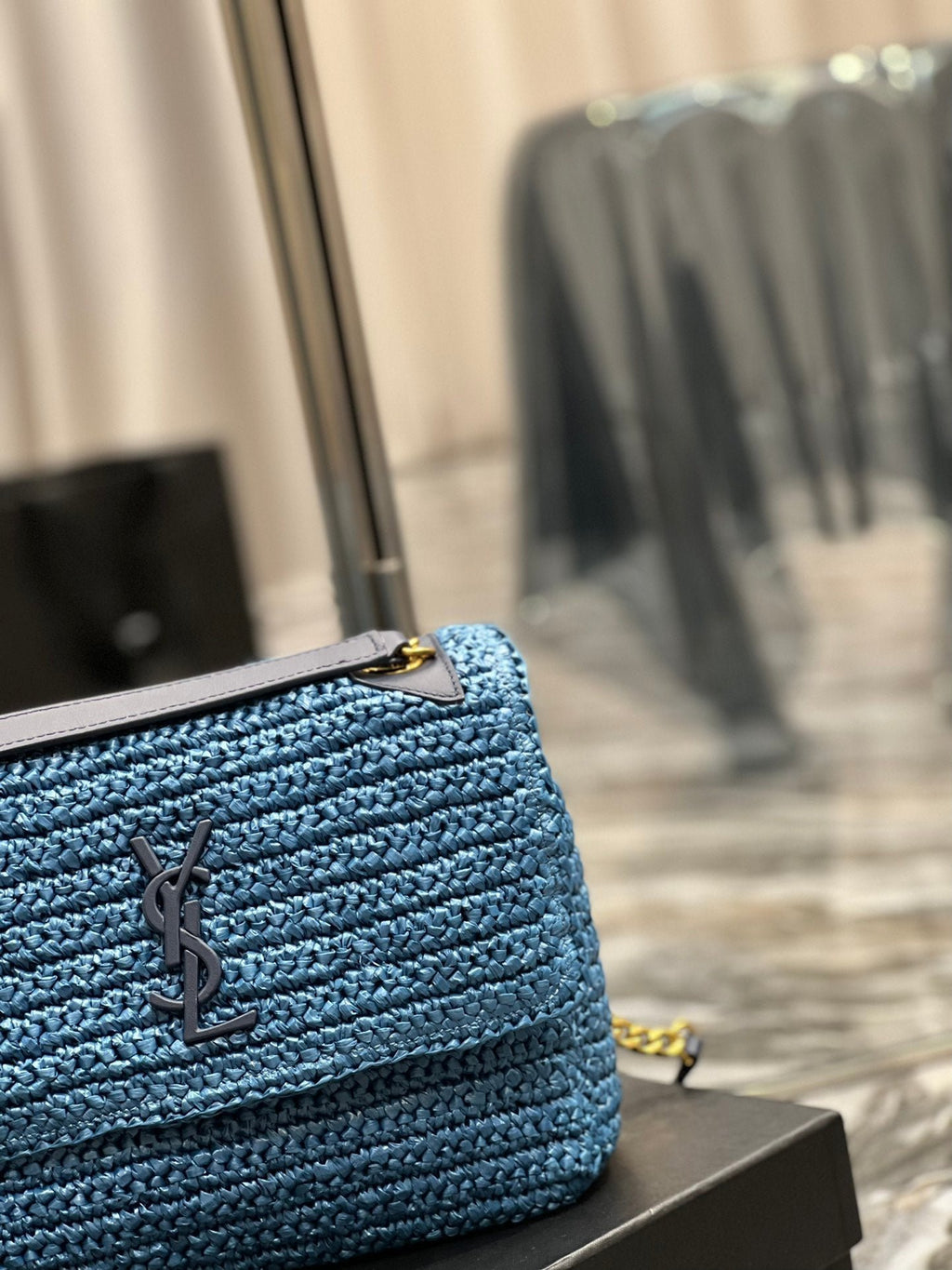 Saint Laurent Niki Medium Chain Bag In Rafia For Women 28cm Blue YSL 633187GG66W4246