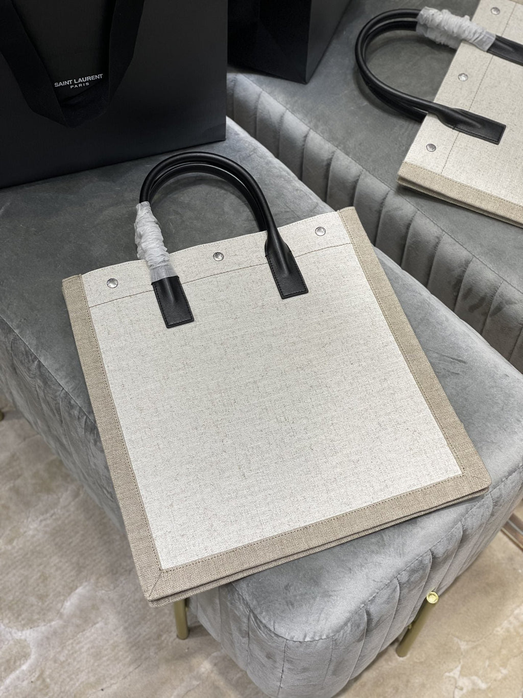 Saint Laurent Rive Gauche North/South Tote Bag In Printed Linen For Women 39cm YSL 632539FAABR9083