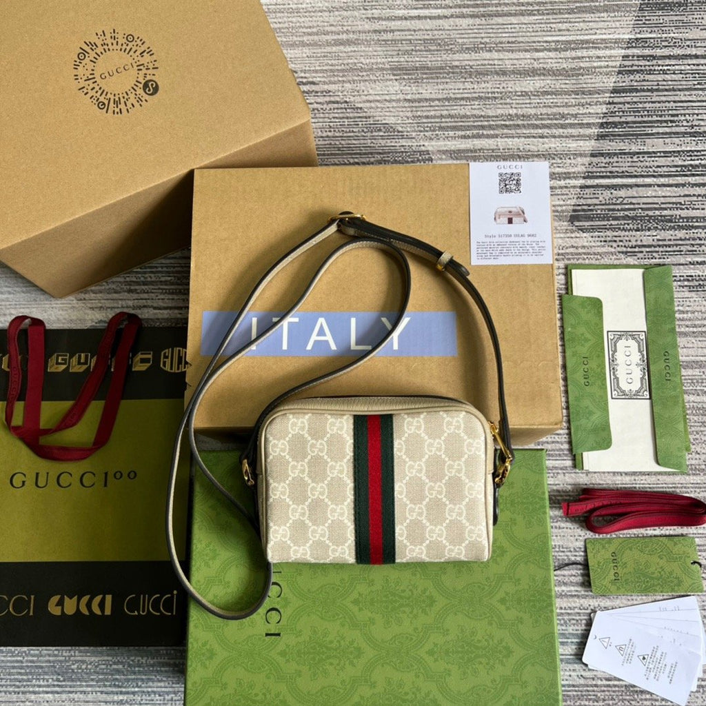 Gucci Ophidia Mini GG Bag Beige And Ebony GG Supreme Canvas, With Beige For Women 7in/17.5cm